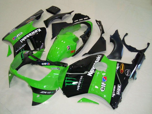 2000-2001 Kawasaki ZX12R Motorcycle Fairings - Green Glossy Black Elf Touch4 Monster UK