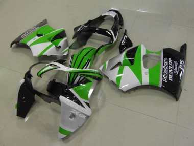 Best 2000-2002 Kawasaki ZX6R Motorcycle Fairings - White Green Glossy Black Stripe Silkolene Dunlop UK