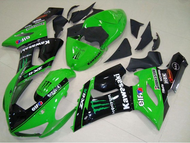2005-2006 Kawasaki ZX6R Motorcycle Fairings - Green Glossy Black Elf Monster UK