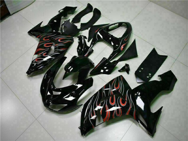 2006-2007 Kawasaki ZX10R Motorcycle Fairing Kits - Glossy Black Red Flame UK