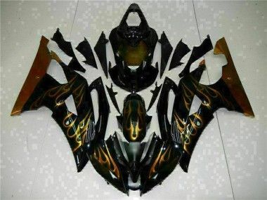 Best 2008-2016 Yamaha YZF R6 Motorcycle Fairings - Glossy Black Gold Flame UK