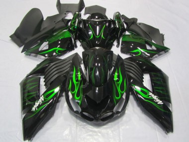 Best 2006-2011 Kawasaki ZX14R ZZR1400 Motorcycle Fairings - Glossy Black Green Flame UK