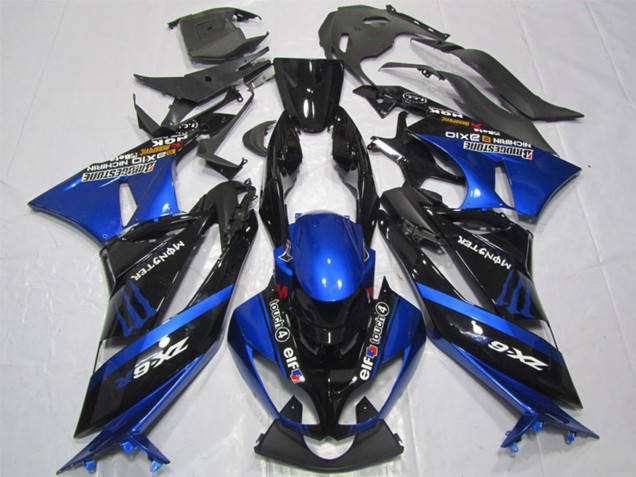2009-2012 Kawasaki ZX6R Motorcycle Fairings - Blue Glossy Black Elf Touch4 Monster Bridgestone UK