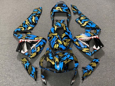 Best 2003-2004 Honda CBR600RR Motorcycle Fairings - Blue Gold Camouflage Shark UK