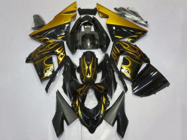Best 2004-2005 Kawasaki ZX10R Motorcycle Fairings - Glossy Black Gold Flame UK