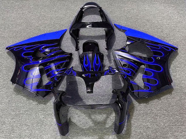 2000-2002 Kawasaki ZX6R Motorcycle Fairings - Glossy Black Blue Flame UK