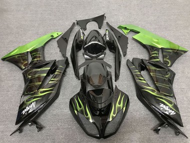 Best 2009-2012 Kawasaki ZX6R Motorcycle Fairings - Glossy Black Green Flame UK