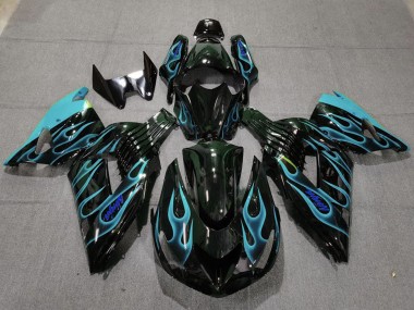 Best 2006-2011 Kawasaki ZX14R Motorcycle Fairings - Glossy Black Light Blue Flame UK