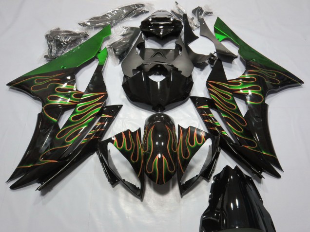 2008-2016 Yamaha R6 Motorcycle Fairings - Green Glossy Black Gold Flame UK