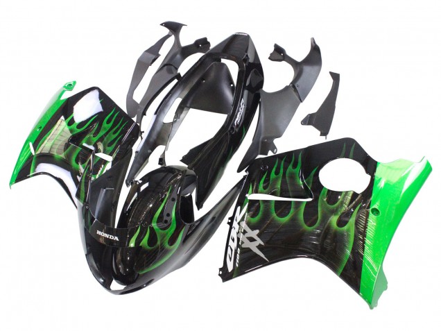 1996-2007 Honda CBR1100XX Blackbird Motorcycle Fairing - Glossy Black Green Flame UK
