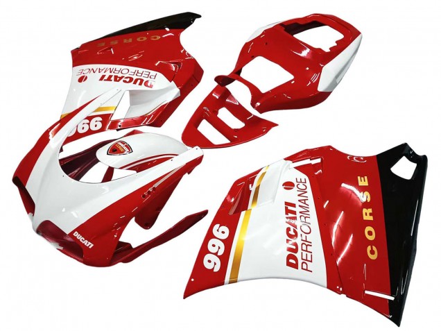 1993-2005 Ducati 996 Motorcycle Fairings - White Red Gold Glossy Black Corse Performance UK