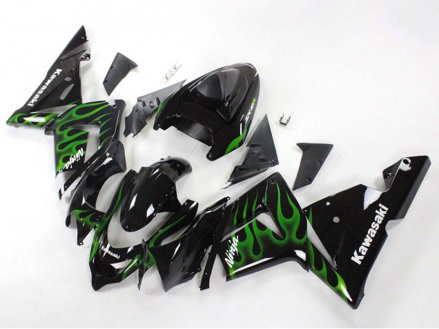2004-2005 Kawasaki ZX10R Motorcycle Fairings - Black with Green Flame Ninja UK