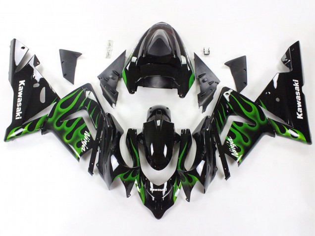 2004-2005 Kawasaki ZX10R Motorcycle Fairings - Black with Green Flame Ninja UK