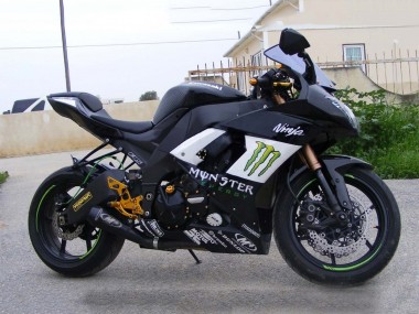 Best 2008-2010 Kawasaki ZX10R Motorcycle Fairings - Glossy Black White Green Monster Elf UK