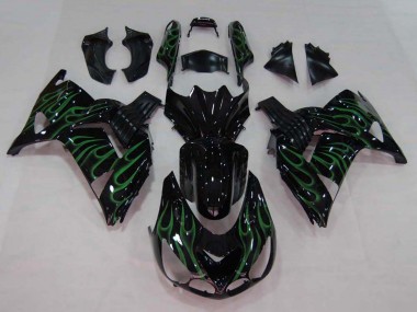 Best 2006-2011 Kawasaki ZX14R ZZR1400 Motorcycle Fairing - Glossy Black Green Flame UK