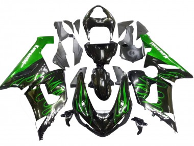 Best 2005-2006 Kawasaki ZX6R Motorcycle Fairing - Glossy Black Green Flame UK