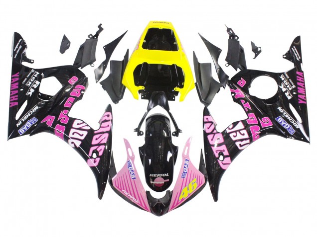 2006-2009 Yamaha YZF R6S Motorcycle Fairings - Yellow Pink Glossy Black Rossi Repsol 46 UK