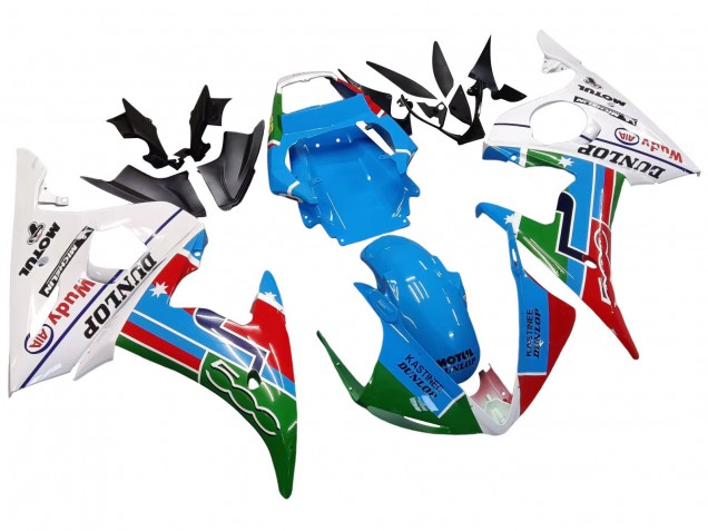 2005 Yamaha YZF 600 R6 Motorcycle Fairings - Light Blue White Green Red Kastinee Dunlop Motul UK