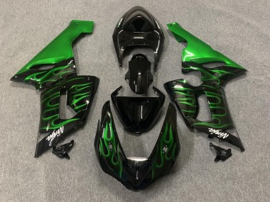 Best 2005-2006 Kawasaki ZX6R Motorcycle Fairings - Glossy Black Green Flame UK