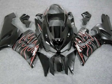Best 2005-2006 Kawasaki ZX6R Motorcycle Fairings - Glossy Black Red White Flame UK