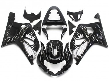 2001-2003 Black and White Gloss Flame GSXR 600-750 Fairings