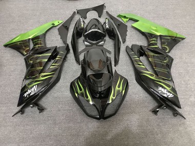 2009-2012 Gloss Black & Green Flame ZX6R Fairings